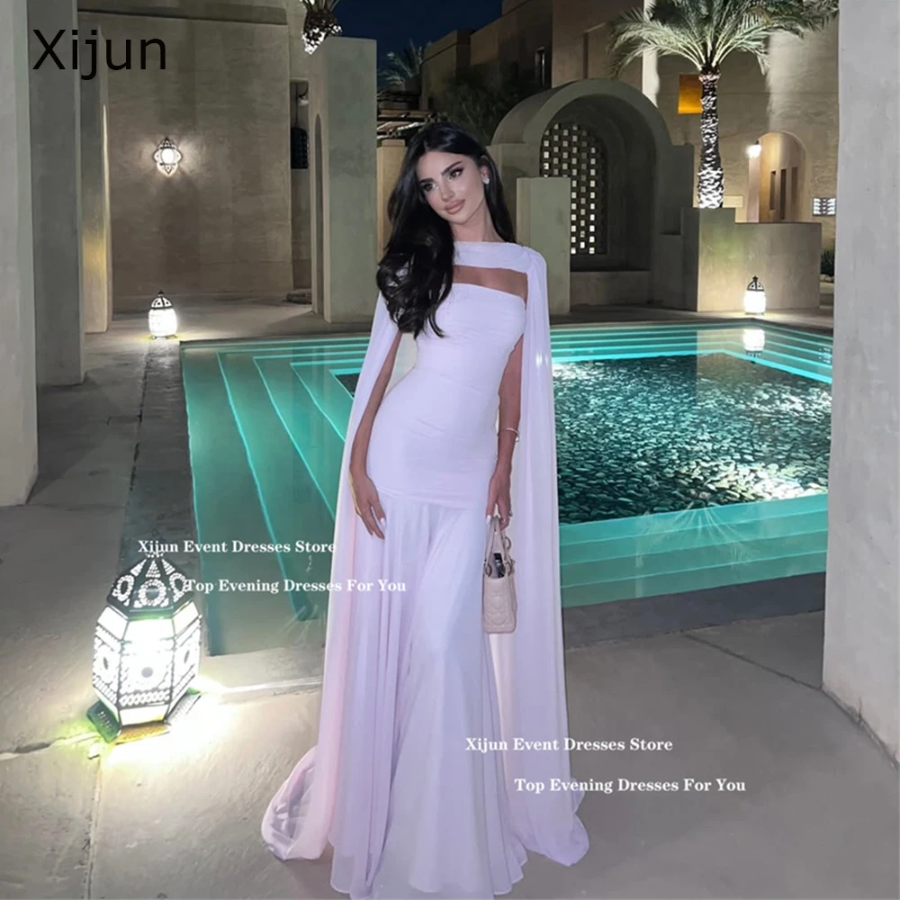 

Xijun Pink Chiffon Mermaid Evening Dresses Jacket Cape Sleeves Prom Dresses Pleated Saudi Arabic Formal Prom Gowns Customized