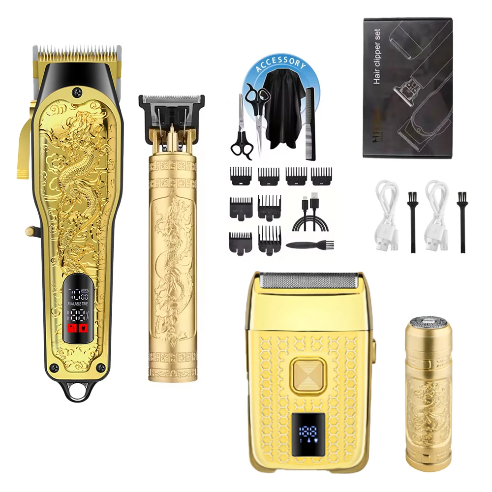 

Men's Hair Trimmer 4-Piece Set with Gold Dragon-Phoenix Design, LED Display, Cordless Charging – The Perfect Gift