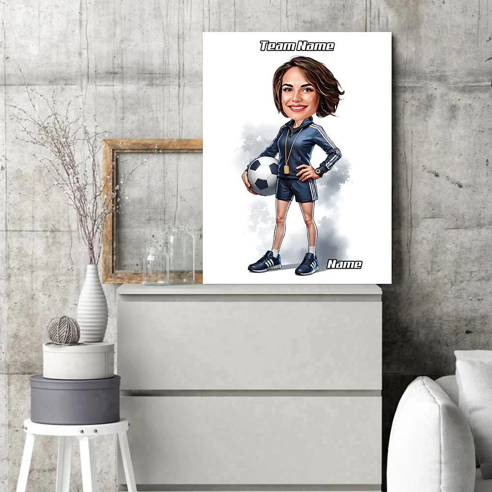 مخصص أنثى مدرب كرة القدم الكرتون صورة مضحك سيدة كاريكاتير صورة شخصية الجدار ملصق فني غرفة ديكور قماش طباعة