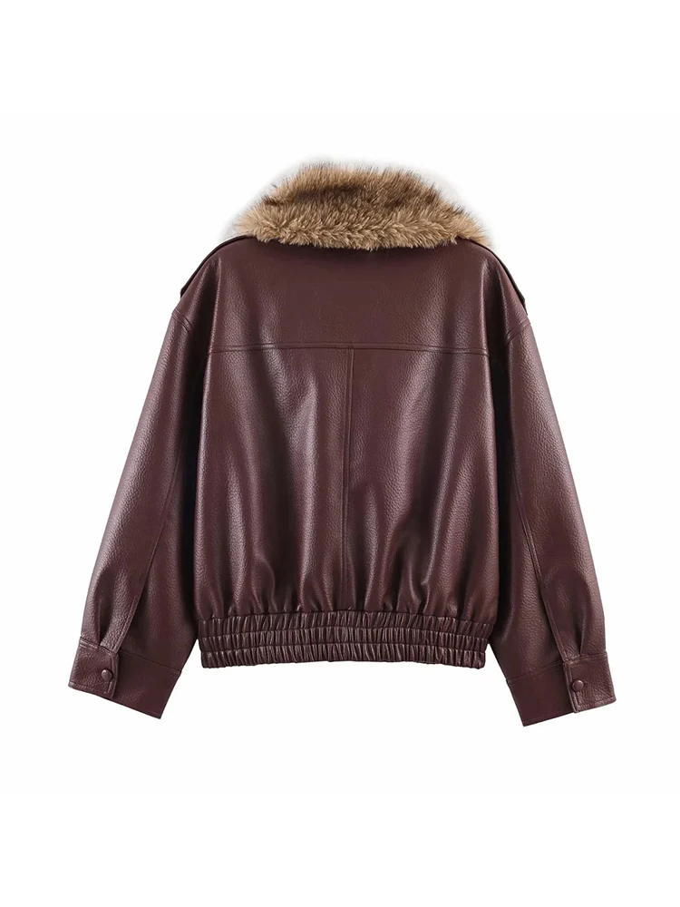 المرأة الجديدة خريف شتاء بولي Leather سترة جلدية فو الفراء التلبيب سترة فضفاضة معطف المرأة موضة خمر الشارع الشهير سترة للسيدات