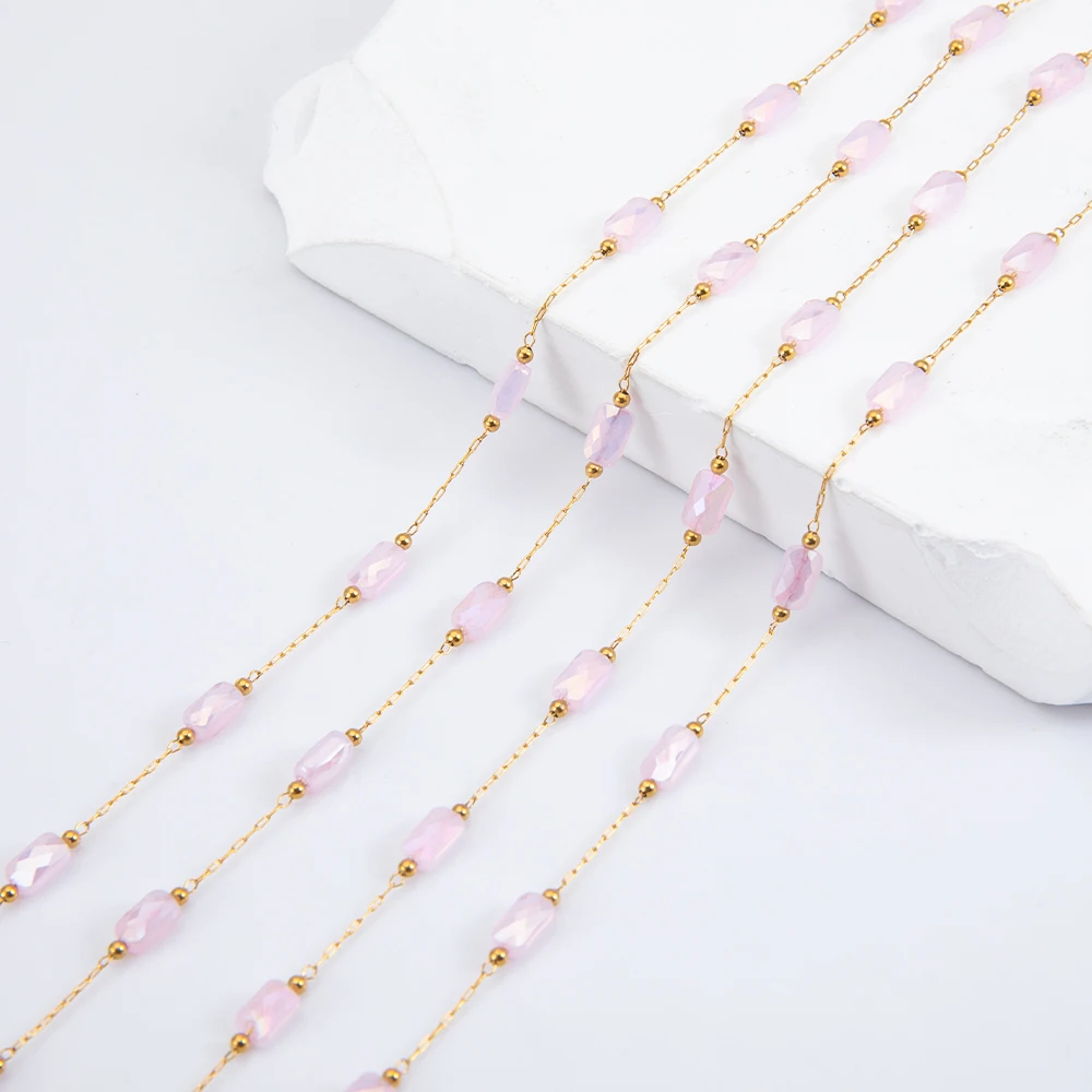 

1/2Meters/Lot Pink Rectangular Crystal Stainless Steel Chain For DIY Necklace Bracelet Delicate Feminine Jewelry Craft Supplies