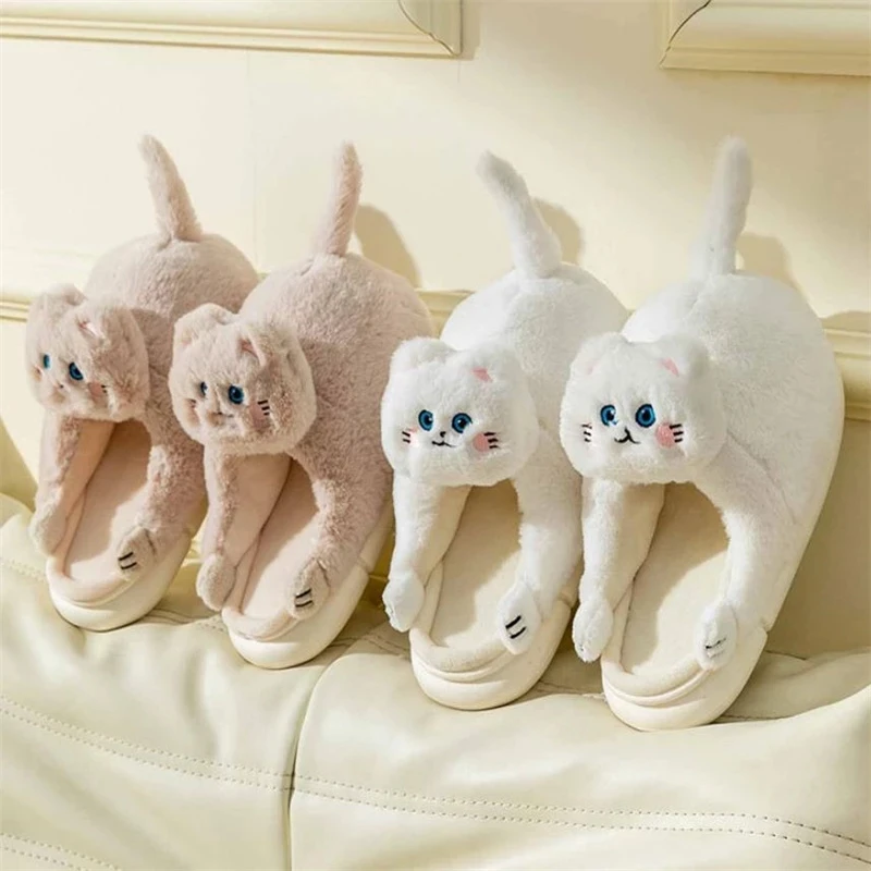 2022 New Cute Cat Slippers Women Winter Home Furry Slippers Indoor Floor Kawaii Floor Shoes Non-slip Fluffy Winter Warm Slippers