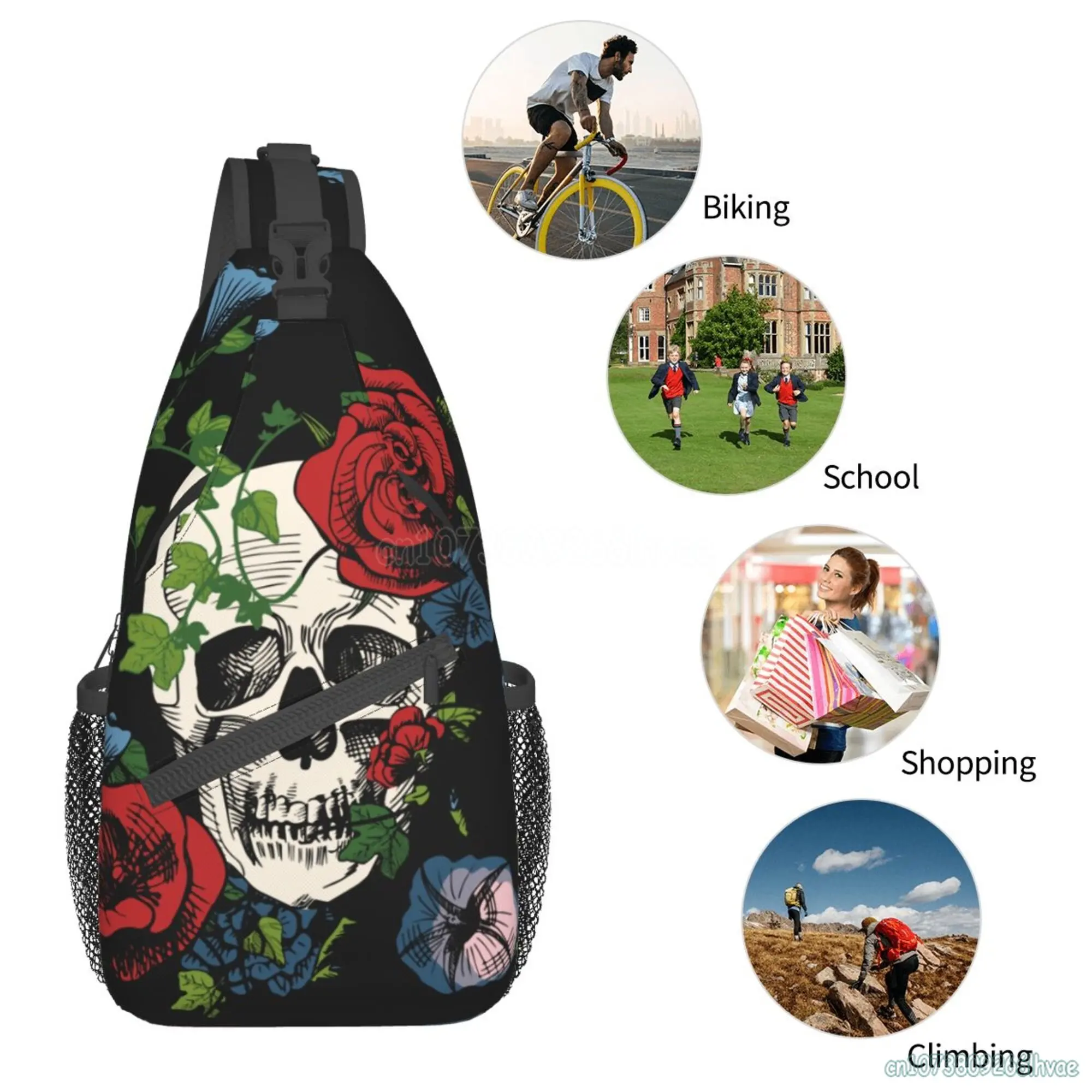 Red Rose Sugar Skull Diamond Sling Backpack Chest Bag Waterproof Crossbody Travel Hiking Daypack for Women Men Shoulder Bag