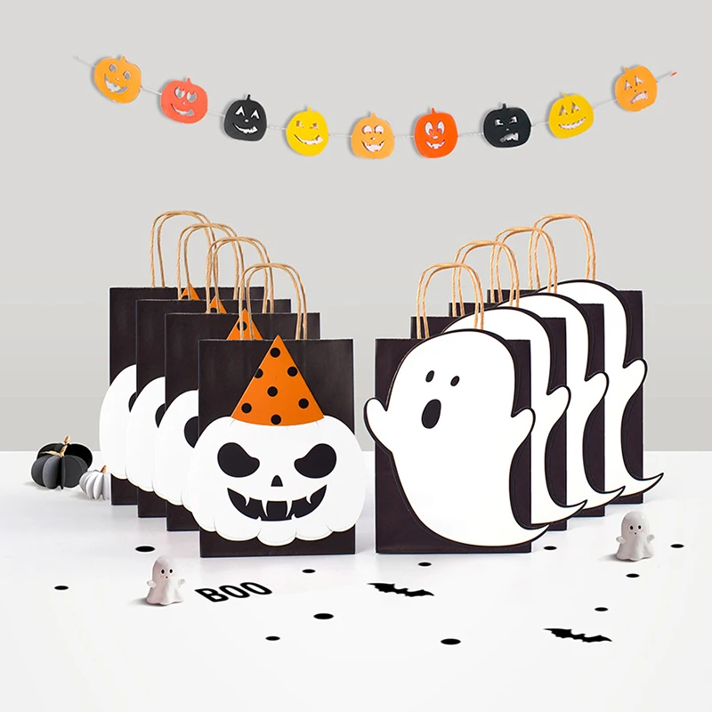 Bolsa de regalo de dulces de Halloween, embalaje portátil con asa, calabaza de terror, fantasma, recuerdo, suministro para fiesta de Halloween, color negro, 10/20 piezas