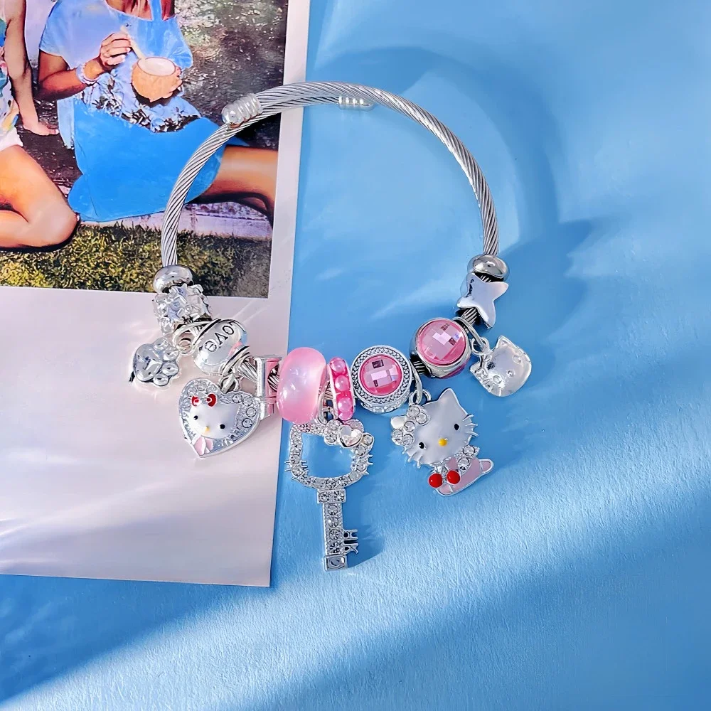 New Kawaii Hello Kitty Diamond Bracelet Sanrio Anime Ladies Stainless Steel Bracelet Fashion Jewelry Girls Holiday Gifts