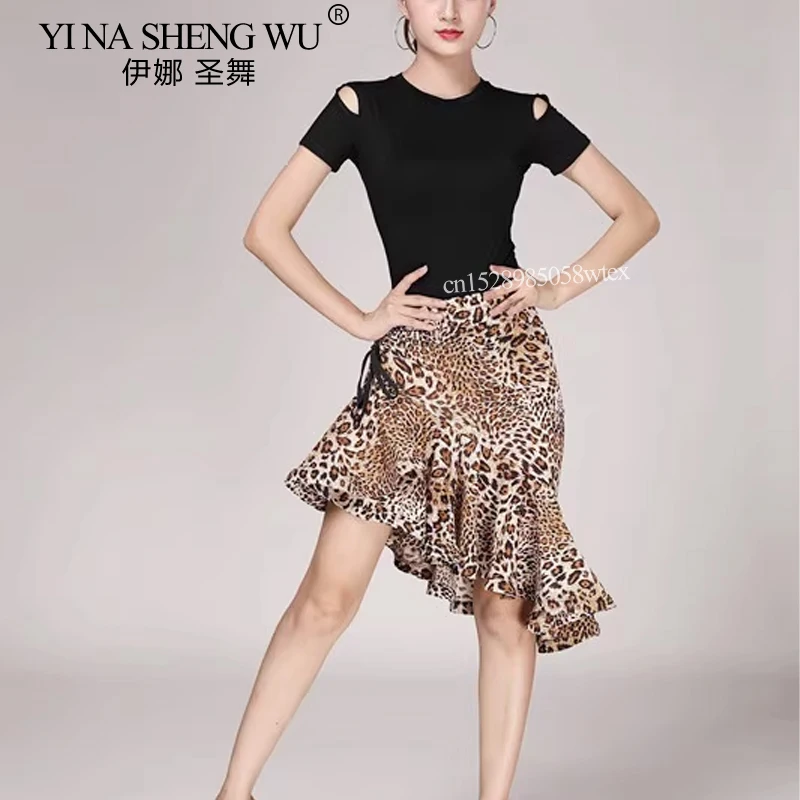 เสือดาวพิมพ์เต้นรําละตินกระโปรงผู้หญิงเซ็กซี่คลาสสิก Latin Dance Tango Salsa ฝึกเครื่องแต่งกายไม่สมมาตร Ruffle กระดูกปลากระโปรง