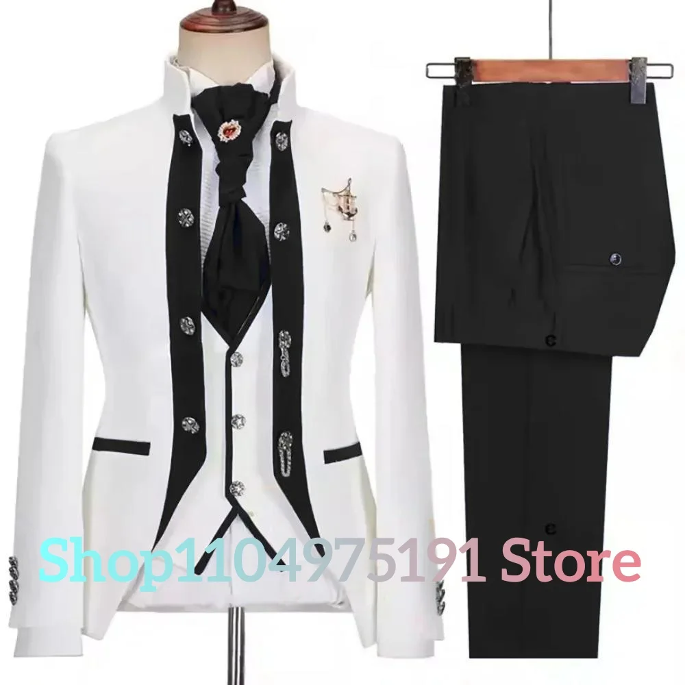 Temperament 3-piece Men's Suit Wedding Groom Tuxedo (Blazer+Vest+Pants) Elegant Men's Stage Costume Special Occasion Gowns