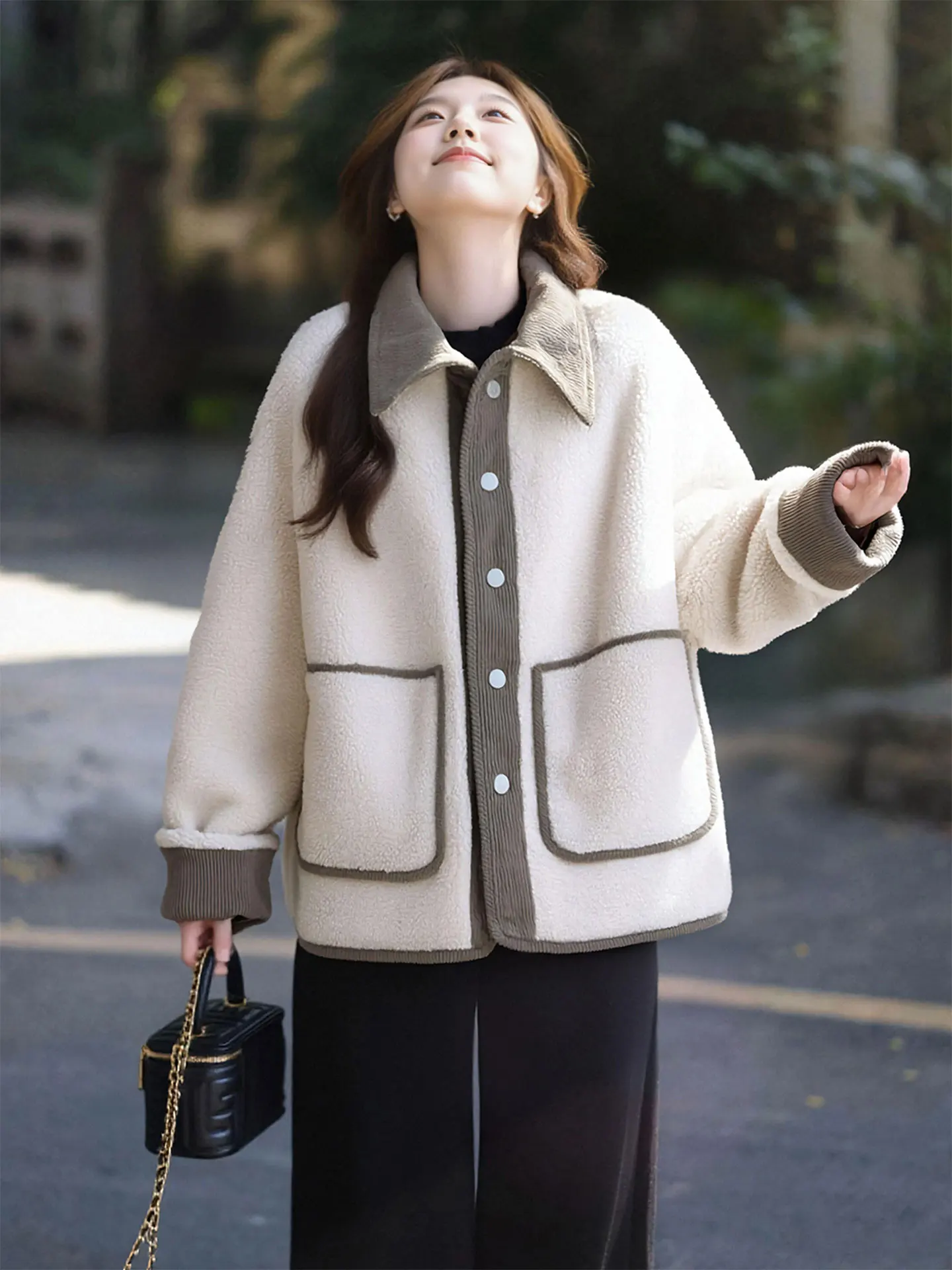 Korean Style Loose Lamb Fur Jacket Plaid Color Block Collar Cotton Coat Warmth Casual Fashion Women's Short Outerwear