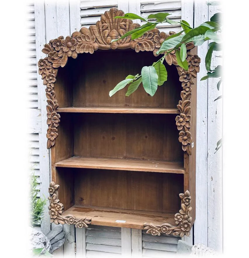 Hand Carved Floral 3 Tier Vintage Retro Wood Open Shelf, Decorative Cubby Display Cabinet