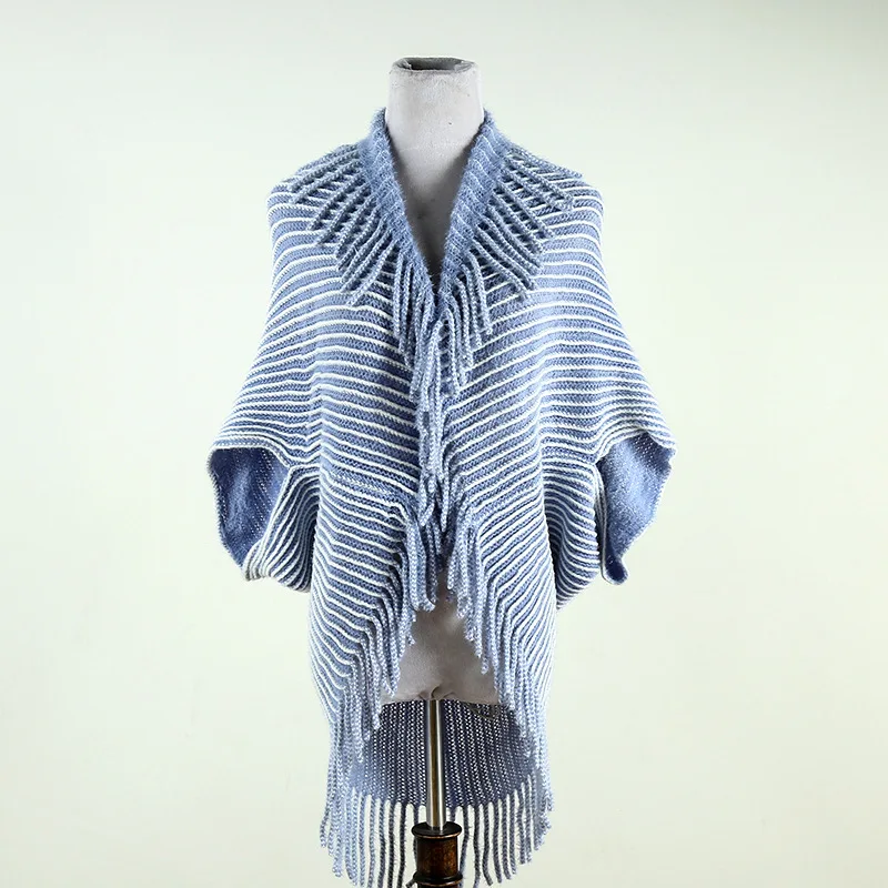 

Осень 2025 г., новый полосатый вязаный кардиган, шаль с кисточками, свитер, плащ с кисточками, кардиган, пальто, модное уличное пончо, женские накидки