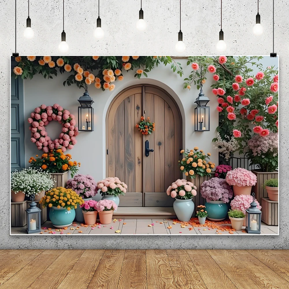 소박한 꽃 집 웨딩 사진 배경 아치 문짝 나무 보드 바닥, 아기 초상화 배경 사진 스튜디오 소품