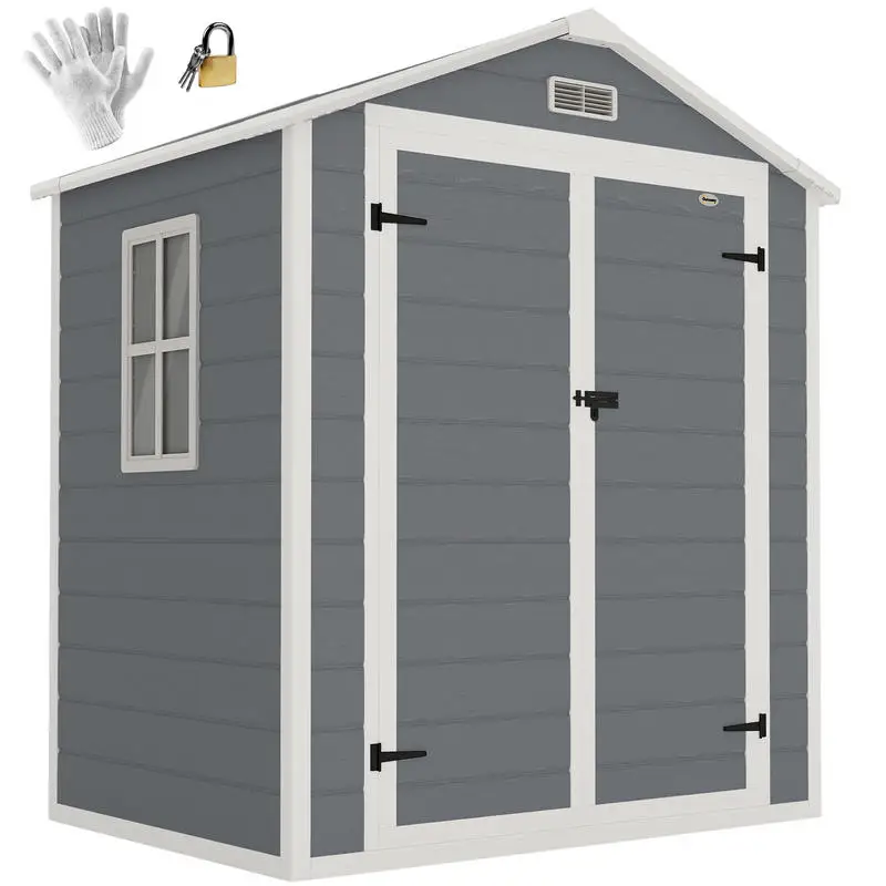 

Outsunny 6x4.5 Outdoor Storage Shed, Lockable Tool Shed with Double Doors, Vent and Window for Garden, Cottage Style, Family Use, Gray