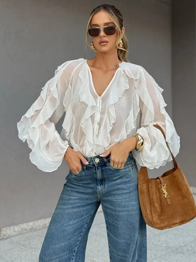 

Trendix Long Sleeve Ruffle Blouse Women's Button Patchwork Sexy See Through Shirts 2025 New Fashion V Neck Casual Tassle T-shirt