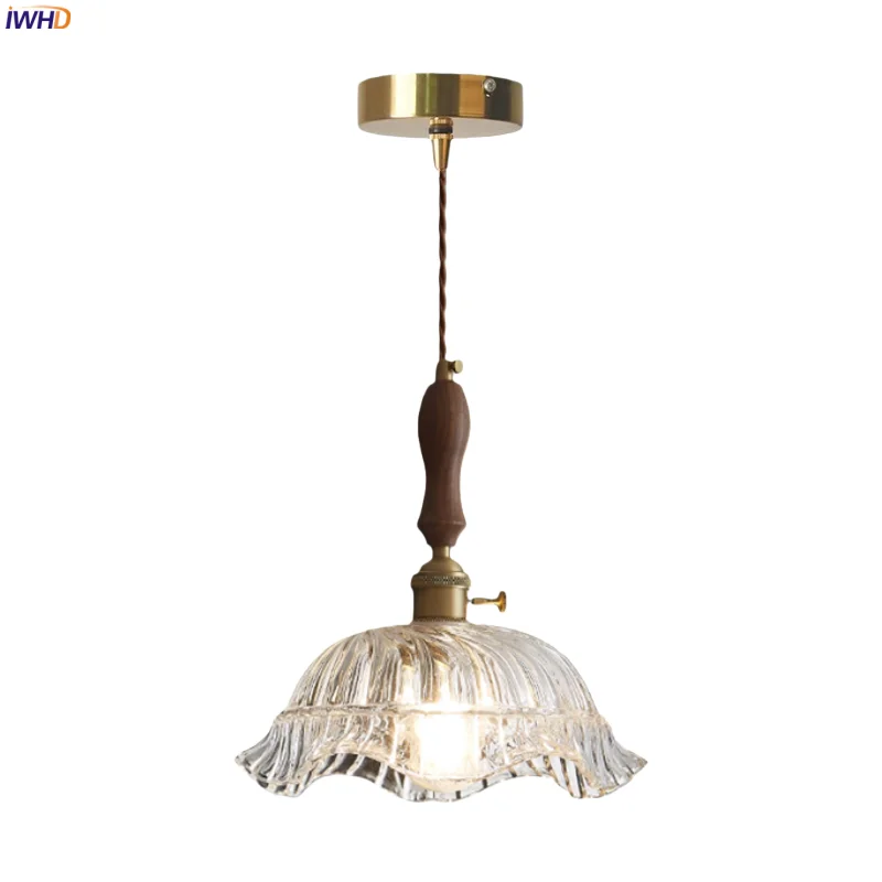 

IWHD American Vintage LED Hanging Lamps Living Dining Room Decor Bathroom House Wood Handle Clear Glass Pendant Light Hanglampen
