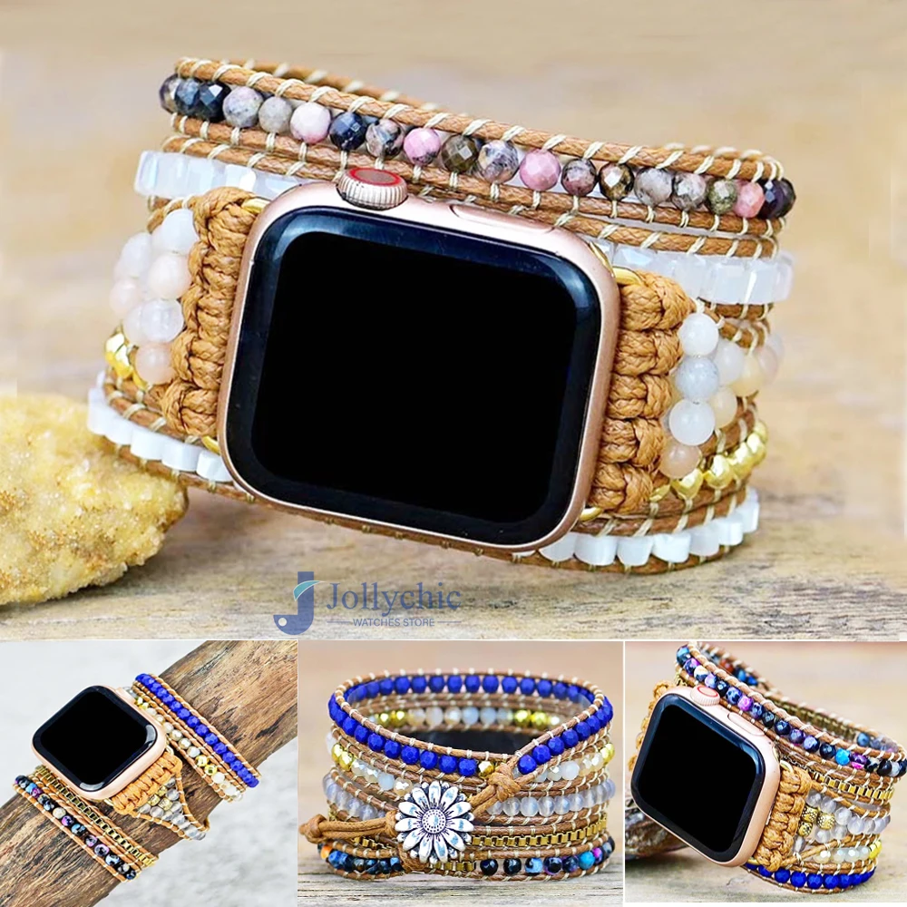 Bohemia Jewelry band for Apple Watch series 7 38 40 42 mm 44 Handmade Vintage Natural beads braided Bracelet iwatch 6 se 5 4 3