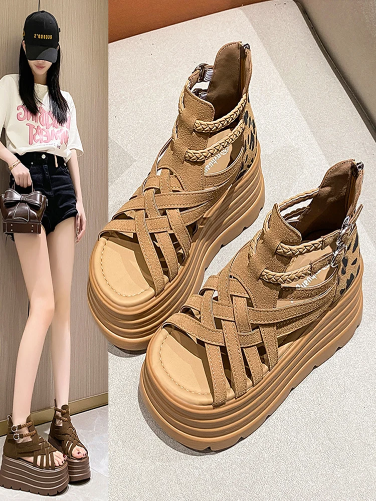 

Женские сандалии в римском стиле на высоком каблуке 8 см, лето 202, повседневные туфли на высоком каблуке Thi Bot на молнии Ba Faionable на плоском каблуке oes