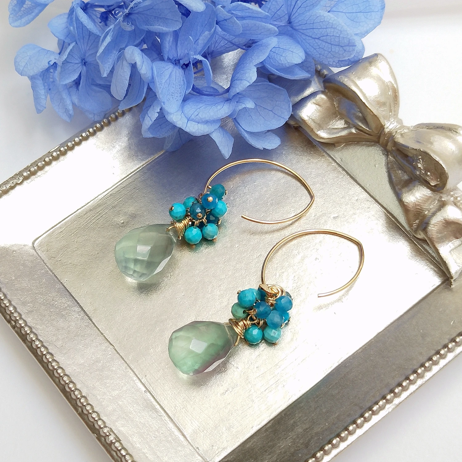 Lii Ji Green Fluorite Turquoise  Apatite  American 14K Gold Filled Handmade Earrings Gorgeous Dangle Fine Boho Jewelry