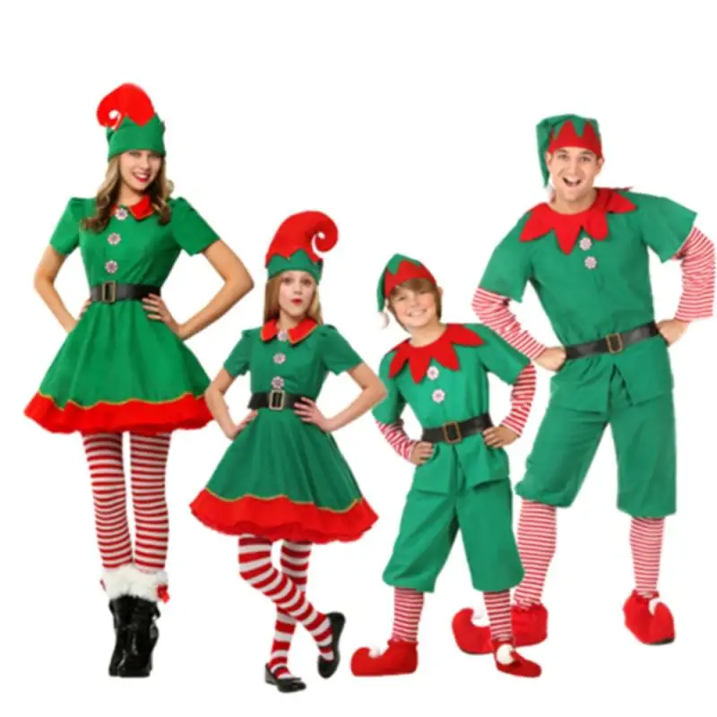 Christmas Elf Costume for Adult Santa Claus Cosplay Elf Hat Shoes Belt Socks Fancy Dress Suit Red Green Men Women Xmas Outfits