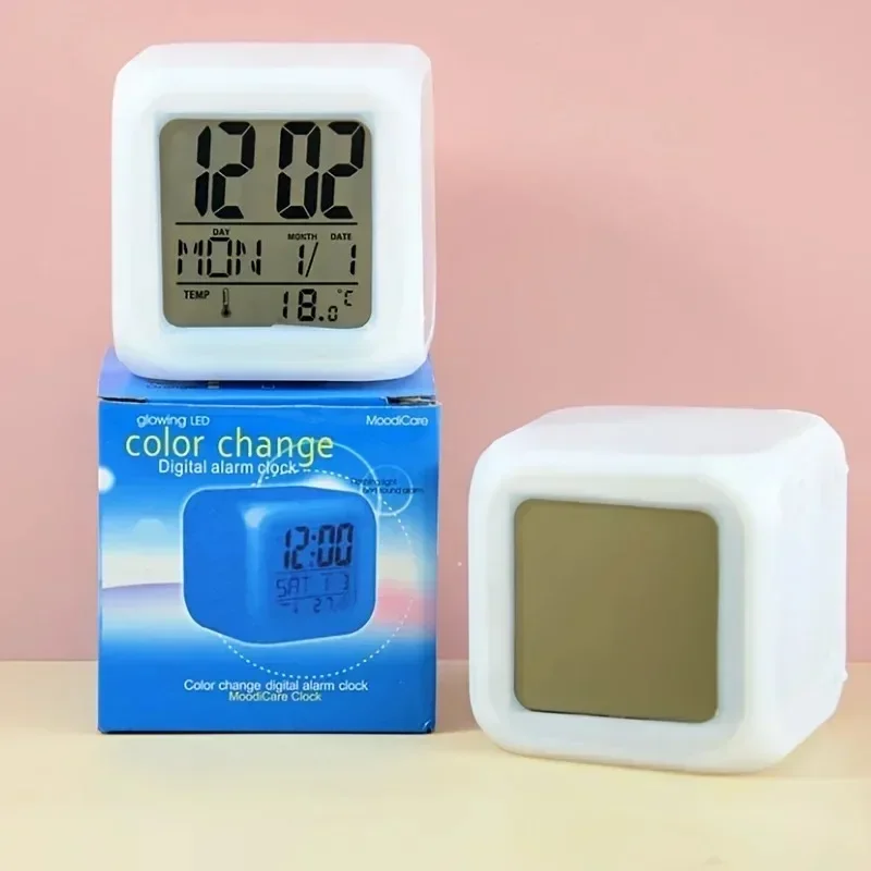 LED Digital Alarm Clock Mini Desk Cube Clock with Colorful Lights and Multiple Modes Multifunctional Glow Desk Clock Battery