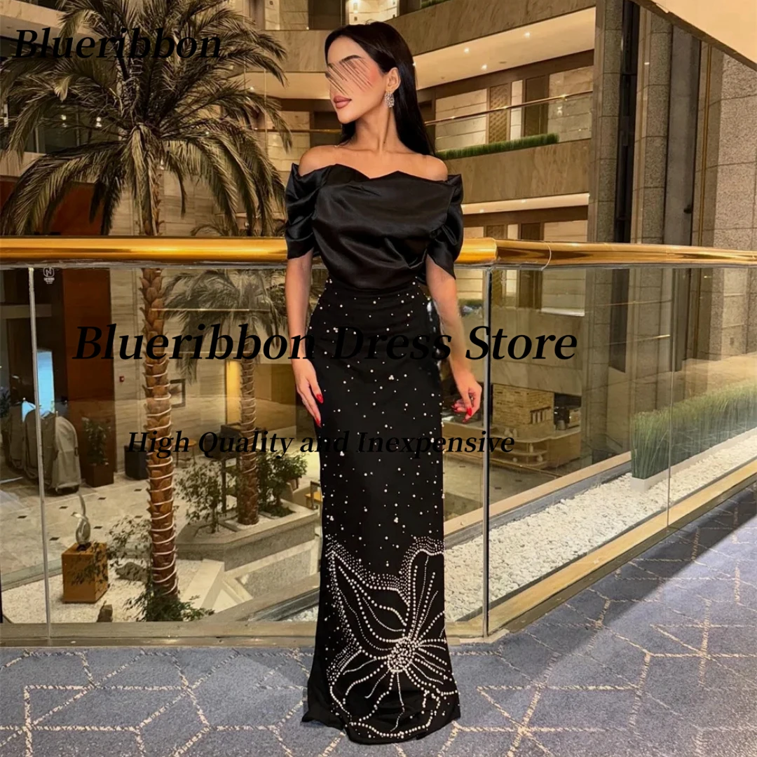 Blueribbon Guaina nera Abiti da ballo Perline personalizzate Abito da sera per spettacolo di lusso con scollo a barchetta increspato Abiti Des Fiesta