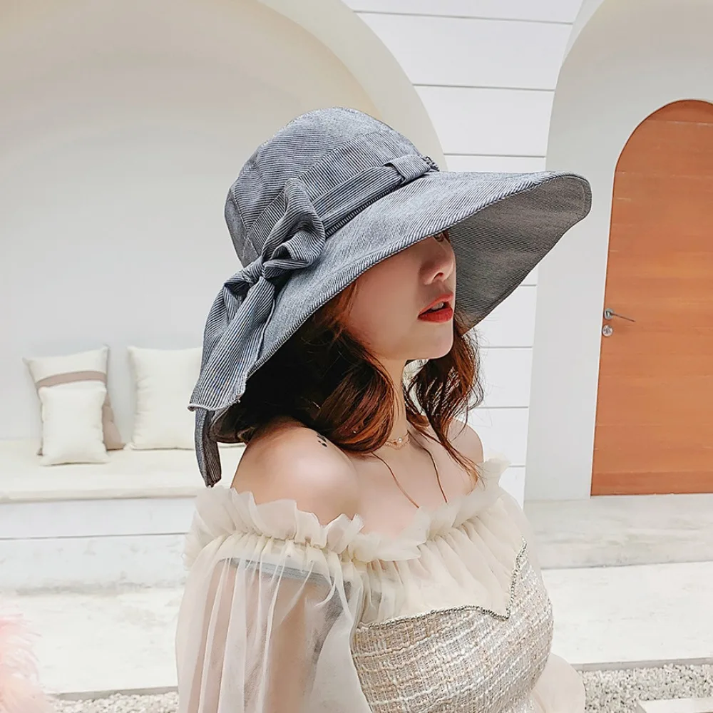 Portable Wide Brimmed Women's Sun Hat Casual with Bowknot Sunscreen Visor Cap Foldable Soft Bucket Hat Vacation