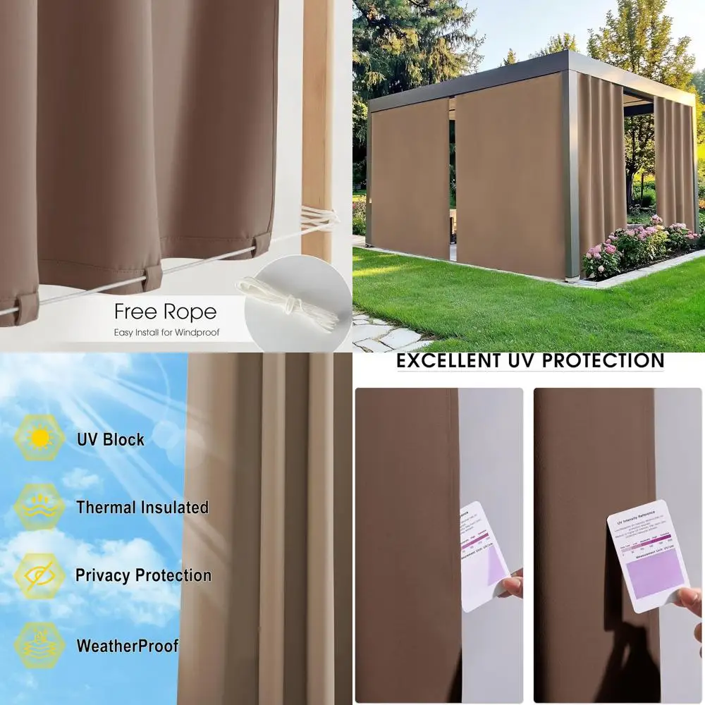 

Outdoor Waterproof Curtains with Adhesive Top and Back Tab Bottom, Privacy Shade for Patio, 84 x 84, Tan, 2-Panel Set