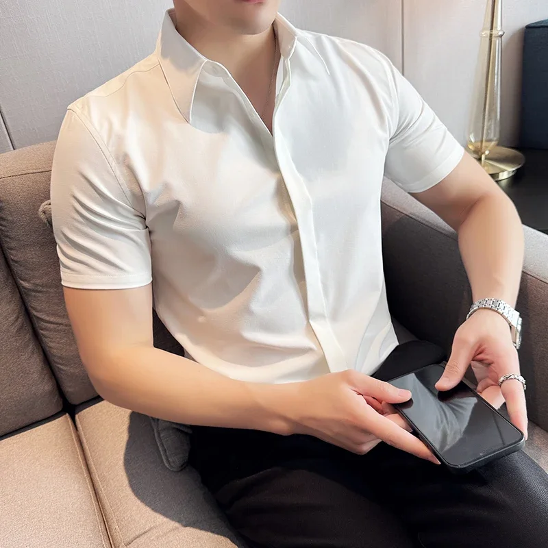 Men Short Sleeve Shirt 2024 Summer Thin British Style Solid Color Casual Elastic Slim Fit Formal Shirt High-quality Men Clothing