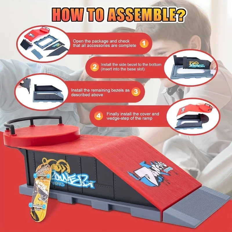 ミニフィンガースケートボードパークキット 6 in 1 スケートボードフィンガートイ 6つのフィンガースケートボード、6つのスケートパークデッキランプ、フィンガーバイクギフト付き