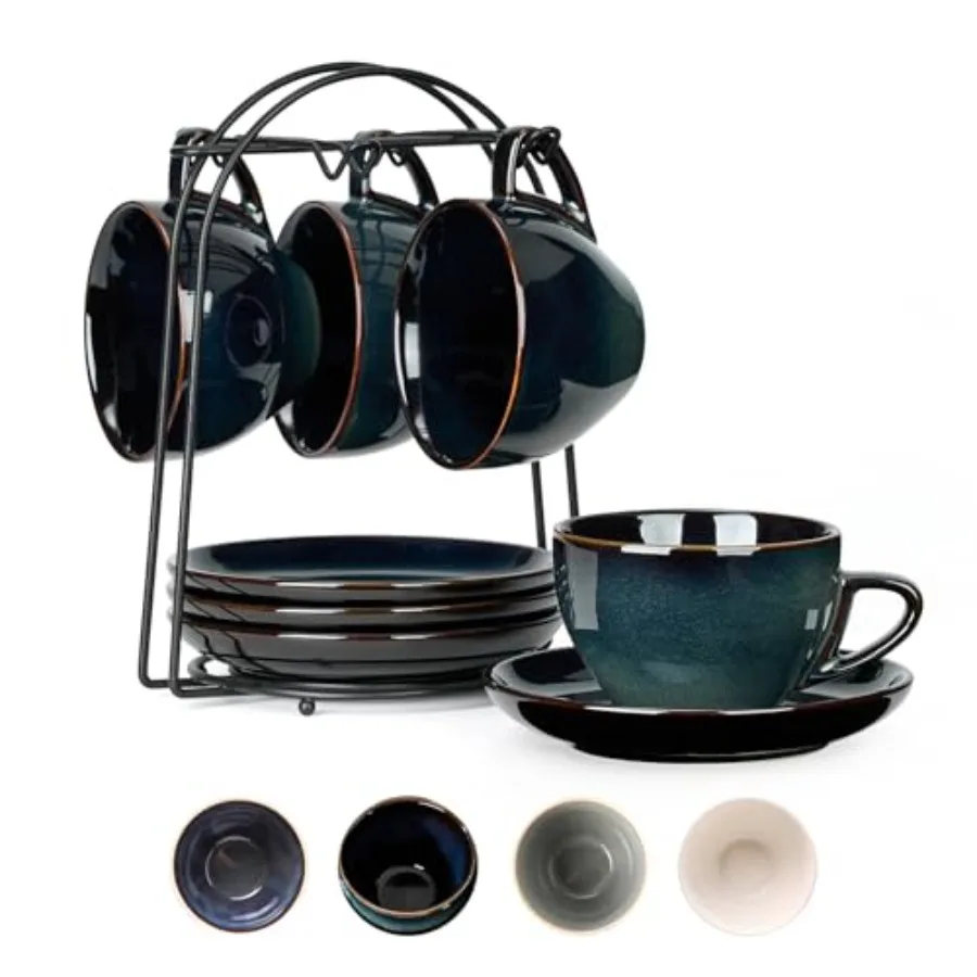 

Espresso Cups Set of [8] Porcelain Coffee Cups with Saucers and Holder, Latte Cups- Latte Art Cup - Microwave/Dishwasher Safe,