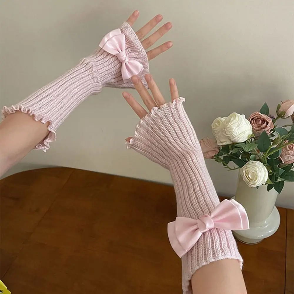 Women Knitted Bow Tie Fingerless Gloves Lolita Arm Sleeve Y2k Pink Girl Gothic Keep Warm Long Gloves Kawaii JK Accessories