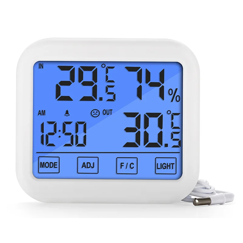 Thermometer Hygrometer with Clock Large LCD Display, Digital Humidity Temperature Meter 1.5m Sensor Wire for Indoor Outdoor Use