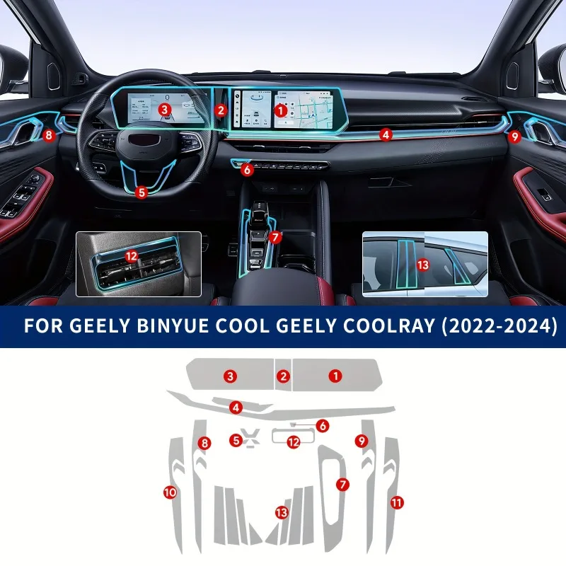 Für Geely COOLRAY 2022-2024 Zubehör Auto Innen Schutz Film TPU Vinyl Auto Wrap Getriebe Panel Center Konsole Anti-scratch
