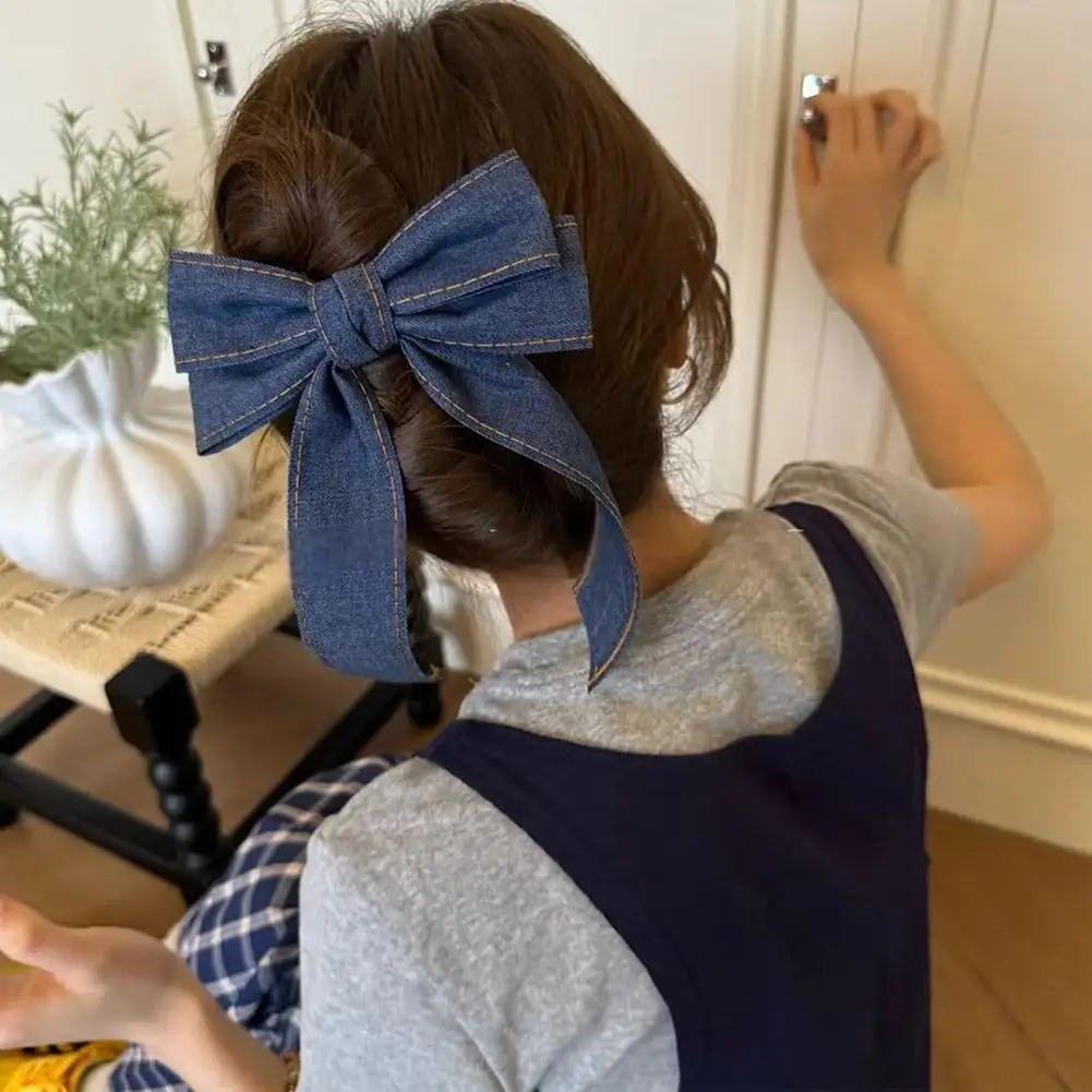 Korean Fashion Denim Blue Ribbon Bow Hair Clips for Woman Girls Sweet Elegant Hairpins Duckbill Clip Barrettes Banana Clip K6Q7