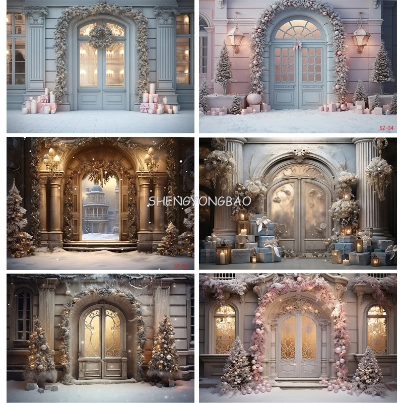 Traditional Christmas Background Decorations And Garland Arch Pink Balls Winter Snowy Outdoor Photography Backdrops Props SZ-81