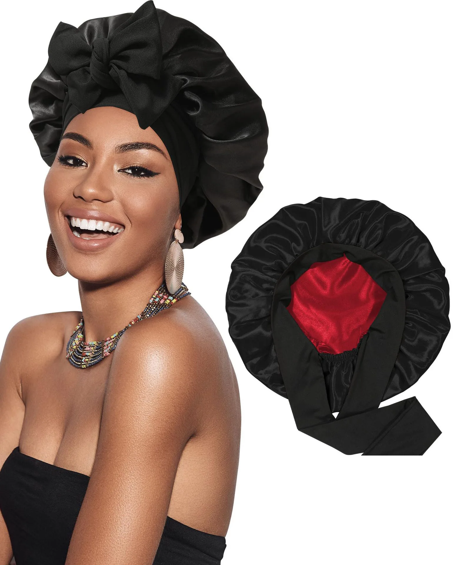 Neue Satin Doppelschicht Motorhaube Solide Breite Krawatte Band Stretch Kopf Seidige Motorhaube Rand Wrap Schlummertrunk Haarpflege Dusche Motorhaube für Frauen – Detail 1