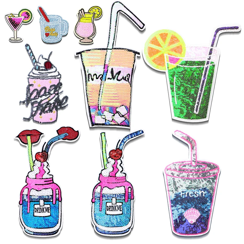 Cocktail Frozen Drink Sequin icon Embroidered Iron on Patches for Clothing DIY Stripes Clothes Patchwork Stickers  Custom Badge