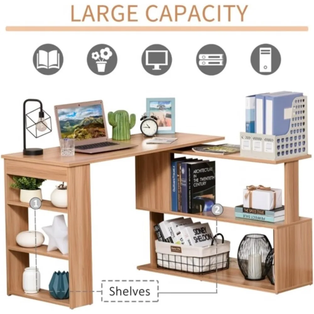 Multi-functional desk, L-shaped computer desk, 2-tier S-shaped shelves and 3-tier side bookshelves, suitable for office, bedroom