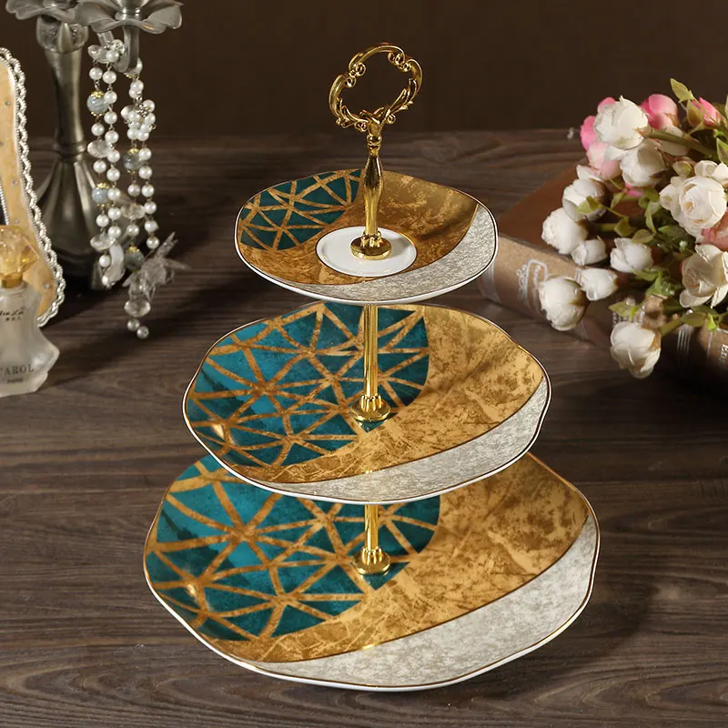 

yyhcBone china afternoon tea snack rack three-layer dessert table creative snack plate European small luxury fruit plate cake ra