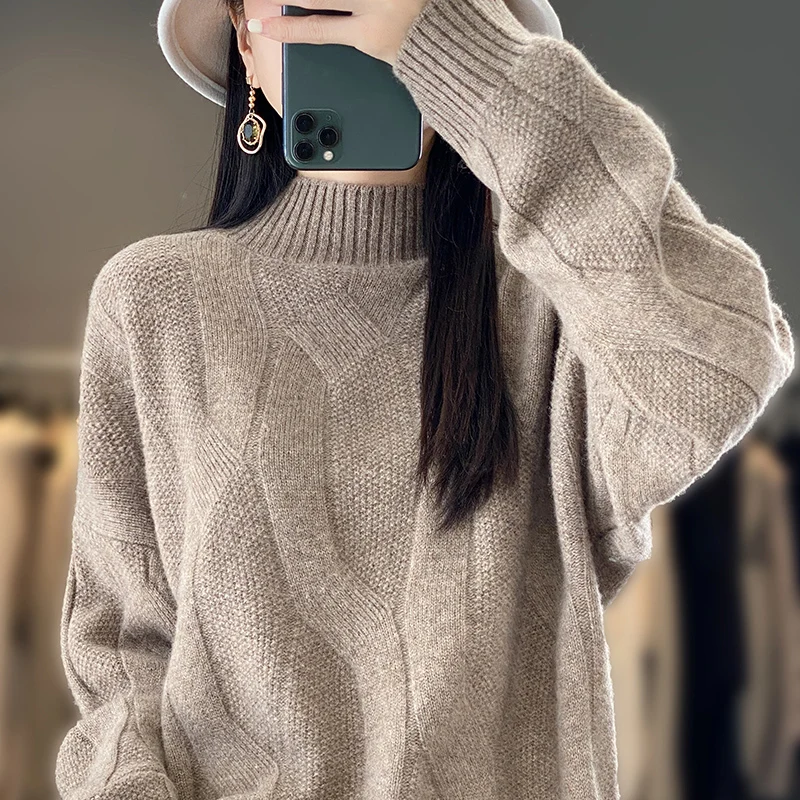 Korean Thickened Semi-turtleneck Sweater For Women 100% Merino Wool Long-sleeved Knit Top Autumn Winter Fashion Twist Sweater