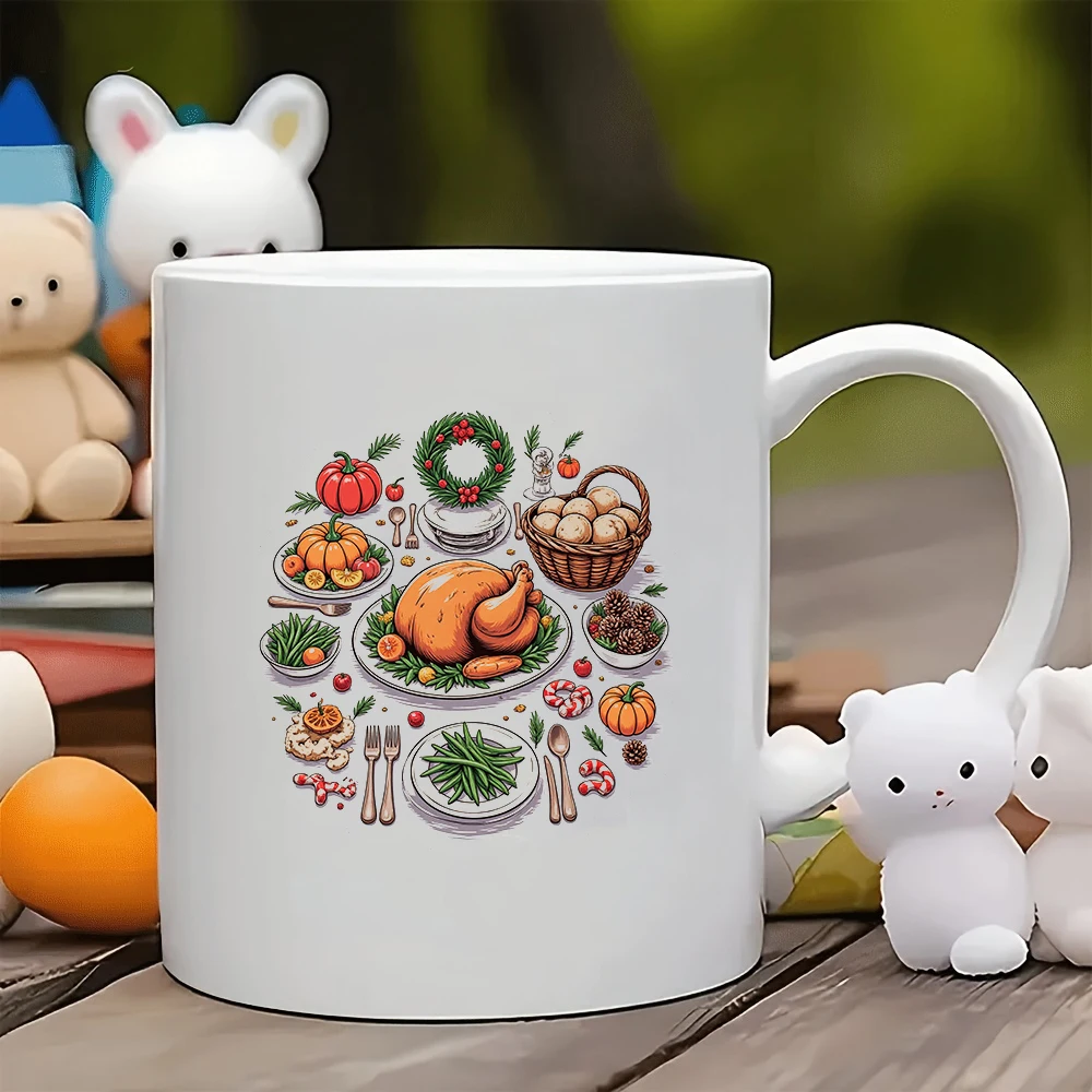 Taza de mesa navideña estilo dibujos animados, regalo de Navidad de 11OZ, taza de agua para oficina familiar, juego de vajilla decorada con calabaza y pollo asado
