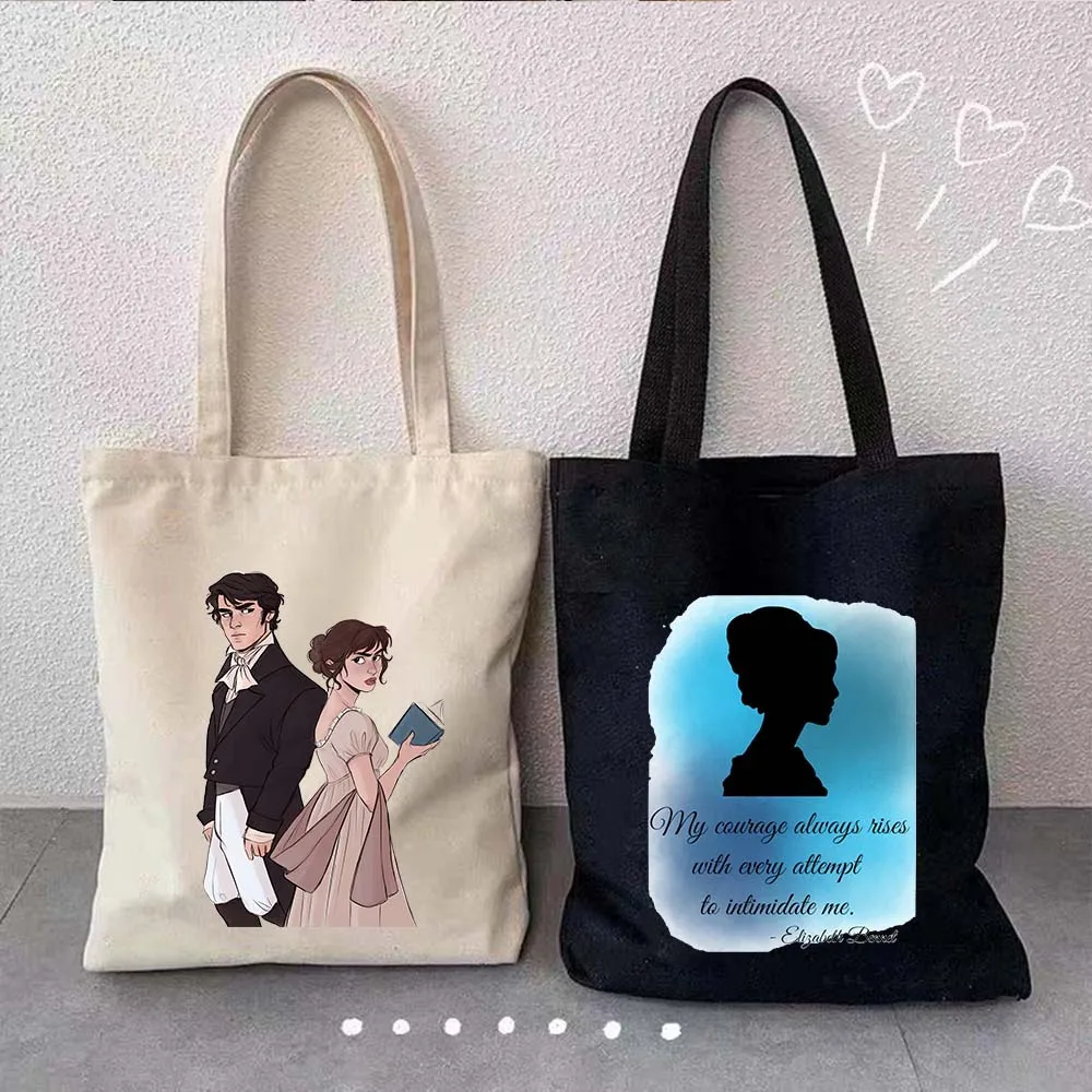 More Pride Less Prejudice Jane Austen Pride Prejudice Elizabeth Darcy Book Bennet Cartoon Shopper Canvas Tote Bag Cotton Handbag