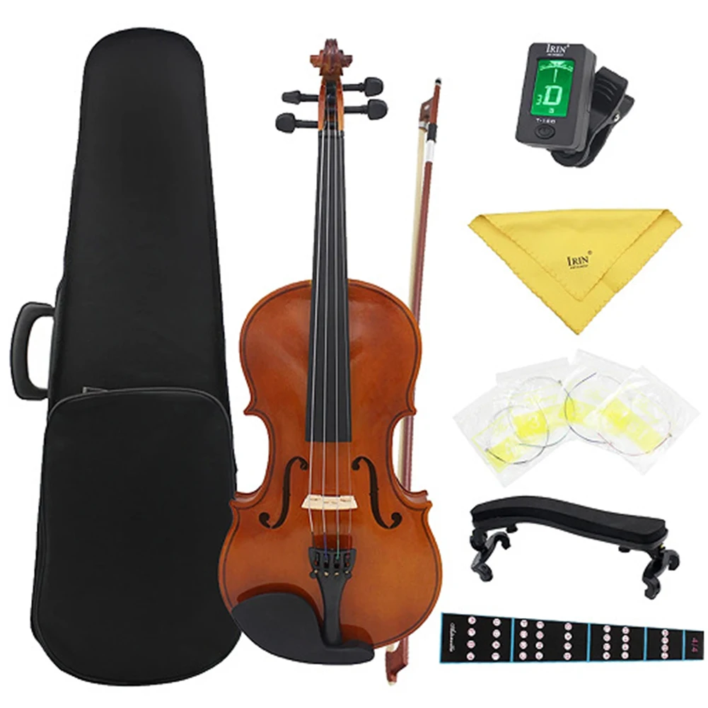 Violin Fiddle Set with Case Bow Extra Strings Rosin Tuner 4/4 Full Size Solid Wood Violin Set for Beginners Kids & Adults