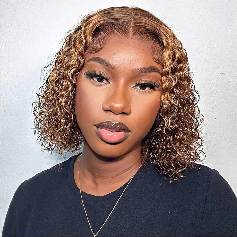 

4/27 Deep Wave 13x4 HD Lace Front Wigs Human Hair Glueless Curly Short Bob Wig Pre Plucked with Baby Hair 180% Density 12 Inch