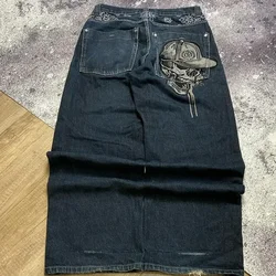 Calças de brim masculinas harajuku vintage cintura alta casual jeans unisex y2k hip hop americano calças largas perna gótico zíper crânio bordado