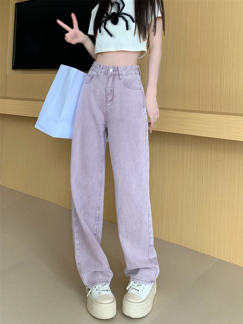 

Свободные прямые джинсы с высокой талией, женские фиолетовые джинсовые брюки, длинные брюки, осенние утягивающие универсальные широкие модные брюки