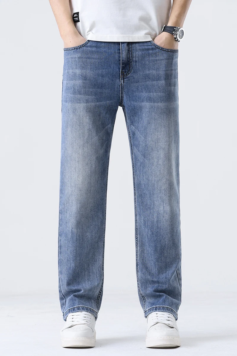 

2025 New Loose Straight Leg Jeans for Men Comfort Thin Stretch Cotton Blend Moisture-Wicking Casual Trousers for Daily Wear