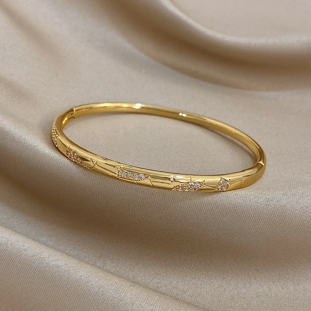 Greatera Irregularly Patterned Diamond-encrusted Fine Bracelet Copper Plated Gold Thin Original Design Women's Bangle Party Gift