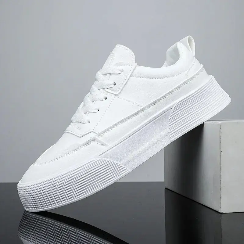 

Men's White Leather Casual Sneakers 2024 Trend Platform round Toe Spring Autumn Seasonal EVA Inner Material Laced Closure