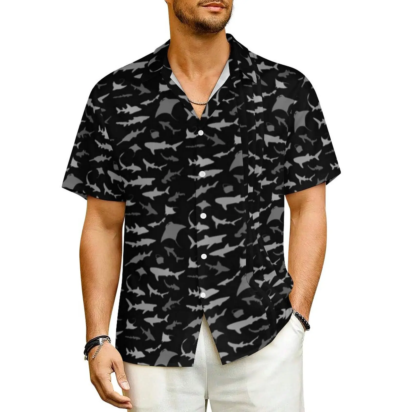 Sharks And Rays Casual Shirt Marine Life Novelty Hawaiian Shirts Man Short-Sleeve Beach Stylish Custom DIY Oversized Blouses