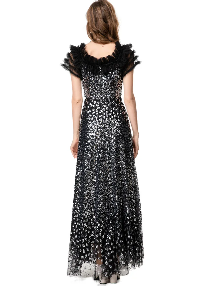 QMQA Mode Damen Elegantes Kleid Pailletten Off-Shoulder Kurzarm Glänzend Schwarz Lange Kleider Sommer Neue 2025, Kleidung QM664